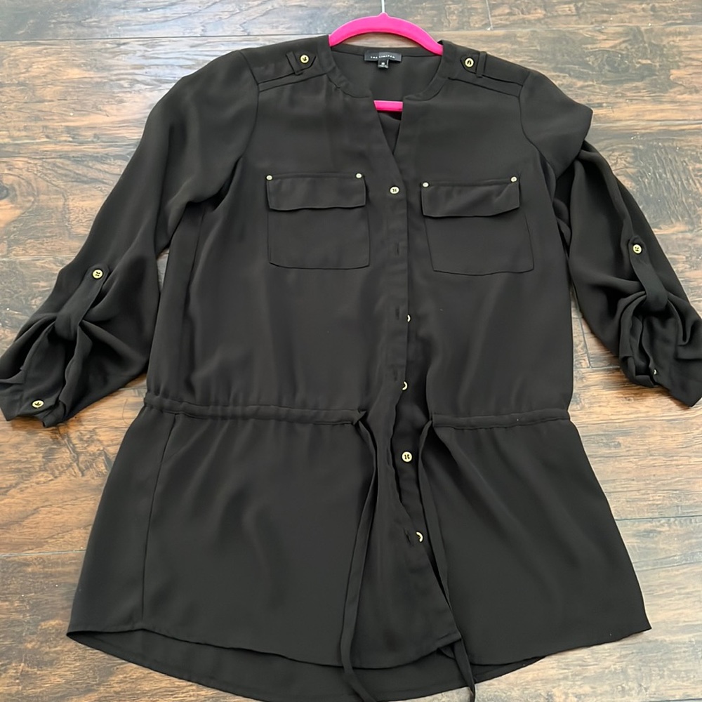 Super cute long black blouse with gold detailing